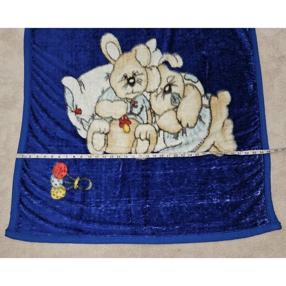 VTG Blue Blanket Sleeping Bunny Rabbits Moon Stars Rattle Acrylic Manterol? READ